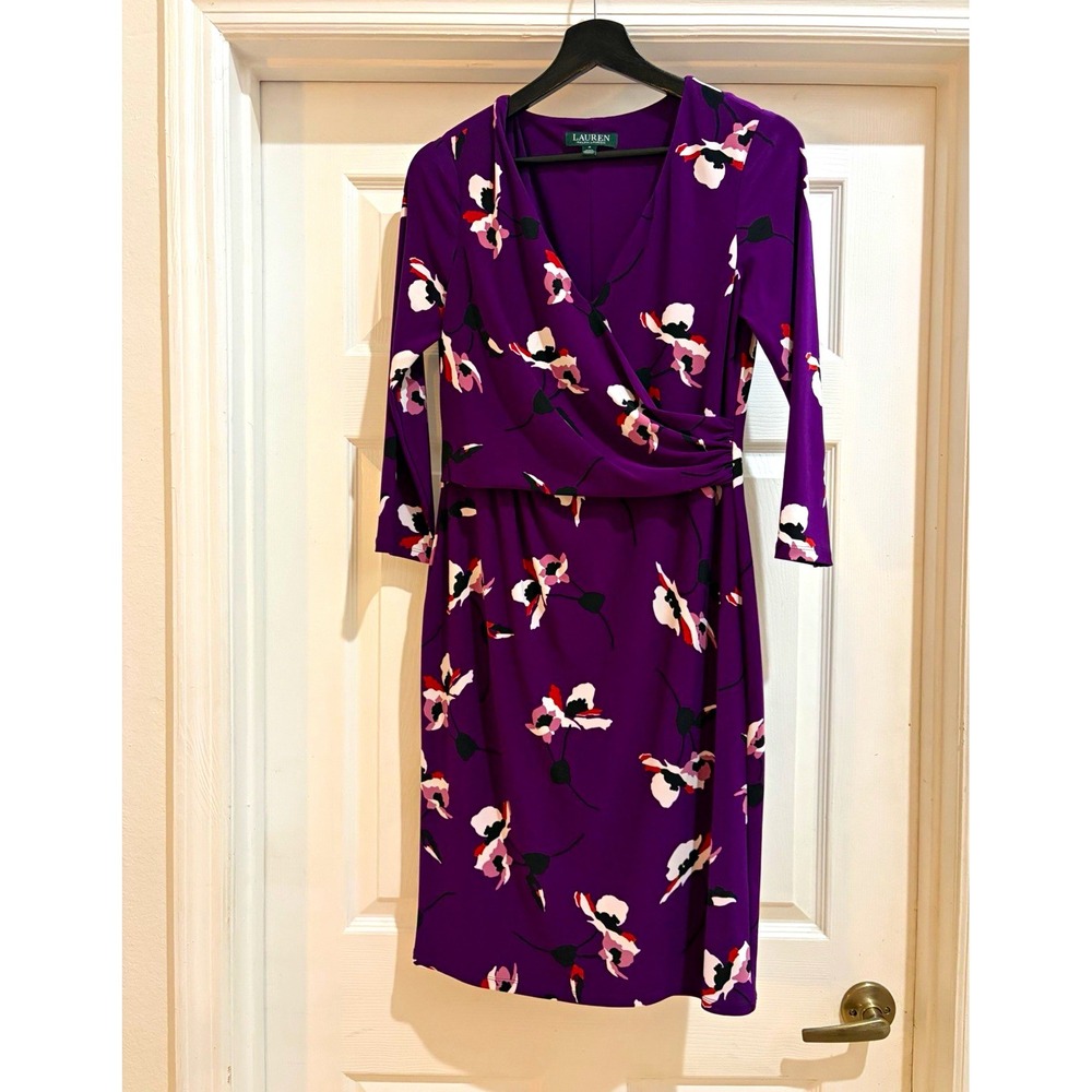 Lauren Ralph Lauren Purple Floral Wrap Dress V-Neck 3/4 Sleeve Women's 8